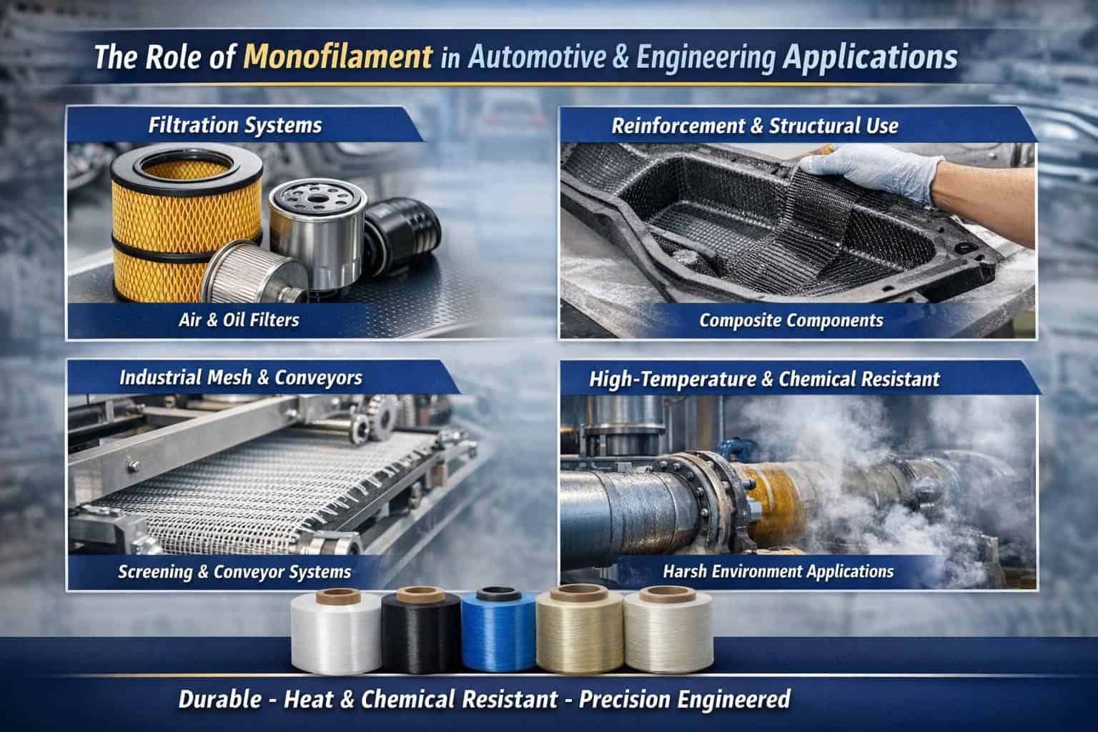 Monofilament used in automotive and engineering applications for filtration, reinforcement, and conv.